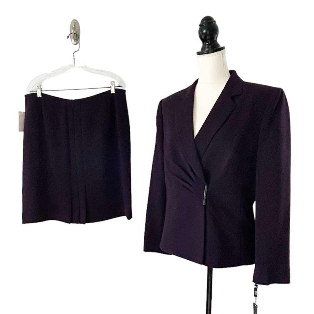 Tahari ASL Eggplant Purple Long Sleeve Ruched Asymmetric Front Skirt Suit 14P